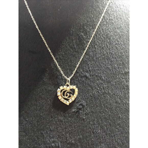 Fashion Double G Heart Clear Stones Charm On 20” .925 Silver Dainty Necklace GUC - Picture 2 of 9